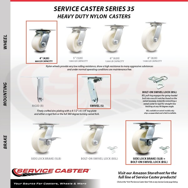4 Inch Nylon Caster Brakes/Swivel Locks and 2 Rigid, 2PK